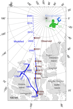 Wędrówka bieguna magnetycznego By Cavit [CC BY 4.0 (http://creativecommons.org/licenses/by/4.0)], via Wikimedia Commons The magnetic pole wandering, By Cavit [CC BY 4.0 (http://creativecommons.org/licenses/by/4.0)], via Wikimedia Commons