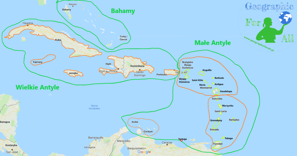 Wyspy Karaibów, mapa konturowa Caribbean islands contour map