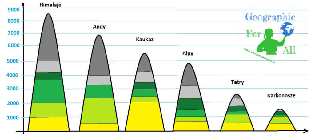 Piętra roślinności w poszczególnych pasmach górskich, schemat poglądowy, skala zachowana w przybliżeniu Altitudinal zonation in individual mountain ranges, overview diagram, scale approximately