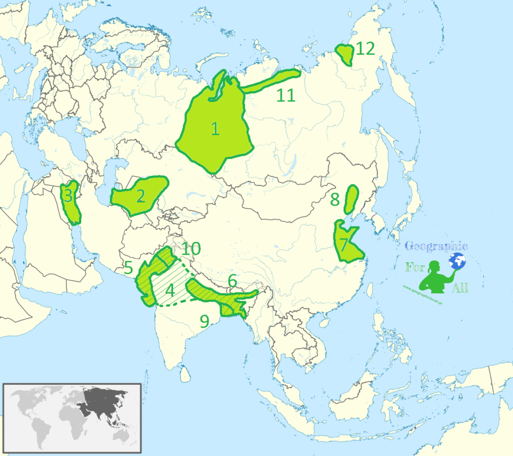 Niziny Azji mapa konturowa Asia lowlands outline map