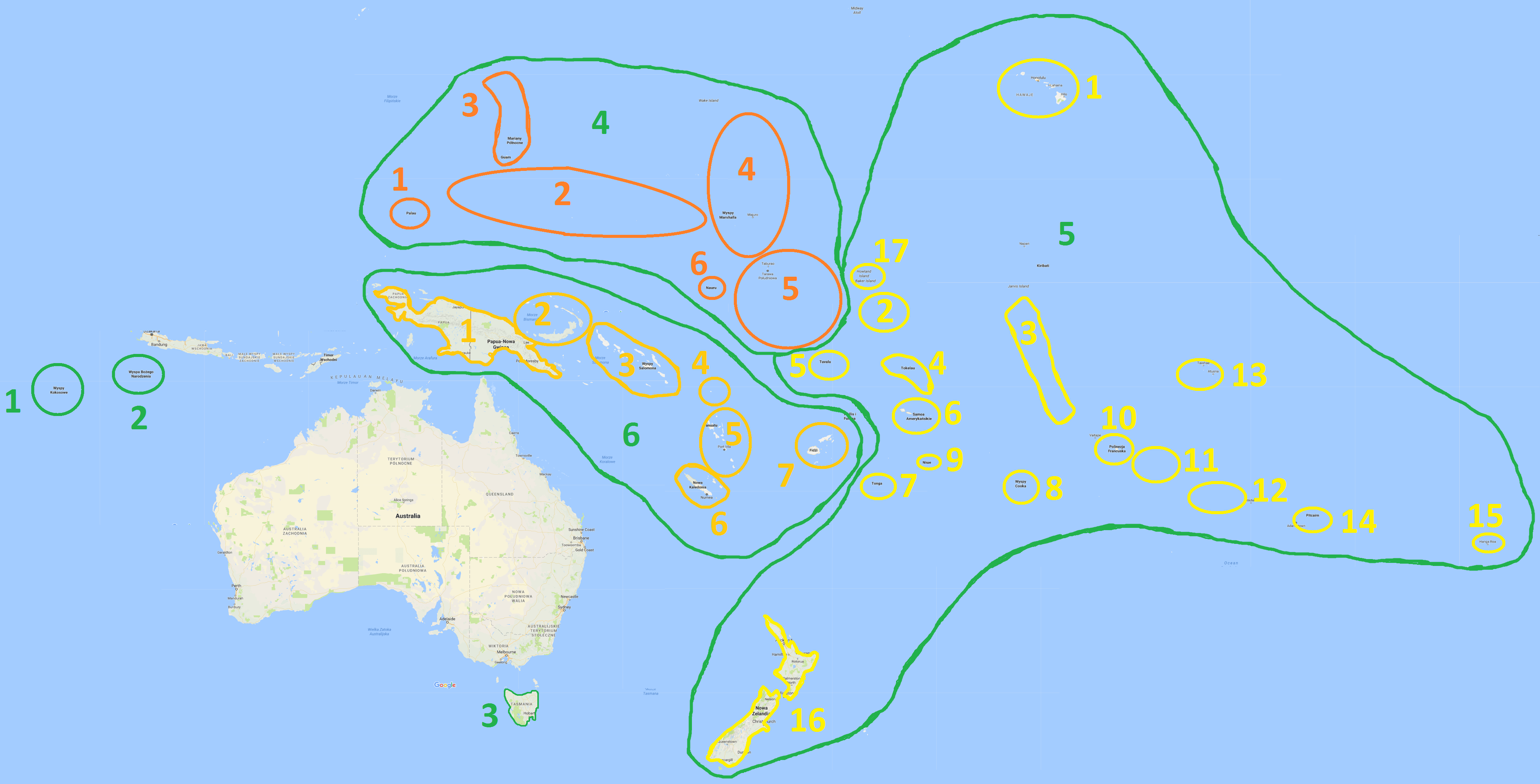 Wyspy Australii i Oceanii, mapa konturowa islands of Australia and