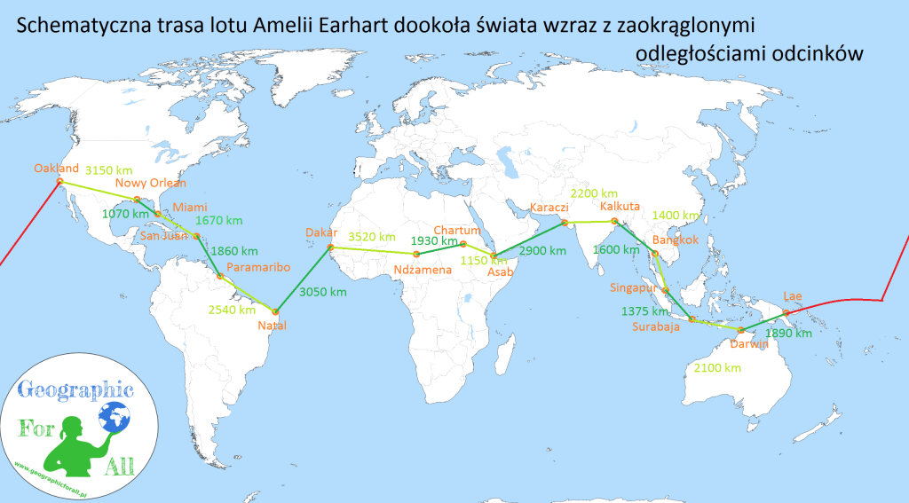 Amelia Earhart mapa schematycznej trasy lotu dookoła świata Copyrights Katarzyna Aleksandrzak