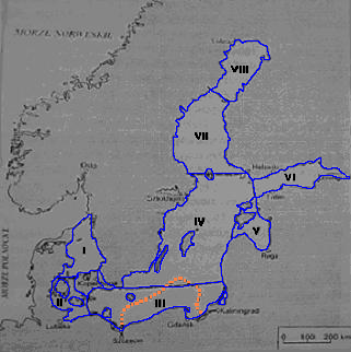 Polskie rybołówstwo morskie na przełomie XX i XXI wieku Mapa 1. Podział Morza Bałtyckiego na akweny (wg K. Łomniewskiego)