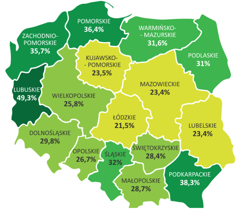 W Województwie Lubelskim Wskaźnik Lesistości Jest Lesistość w Polsce - mapa lesistości w Polsce - Geographic For All