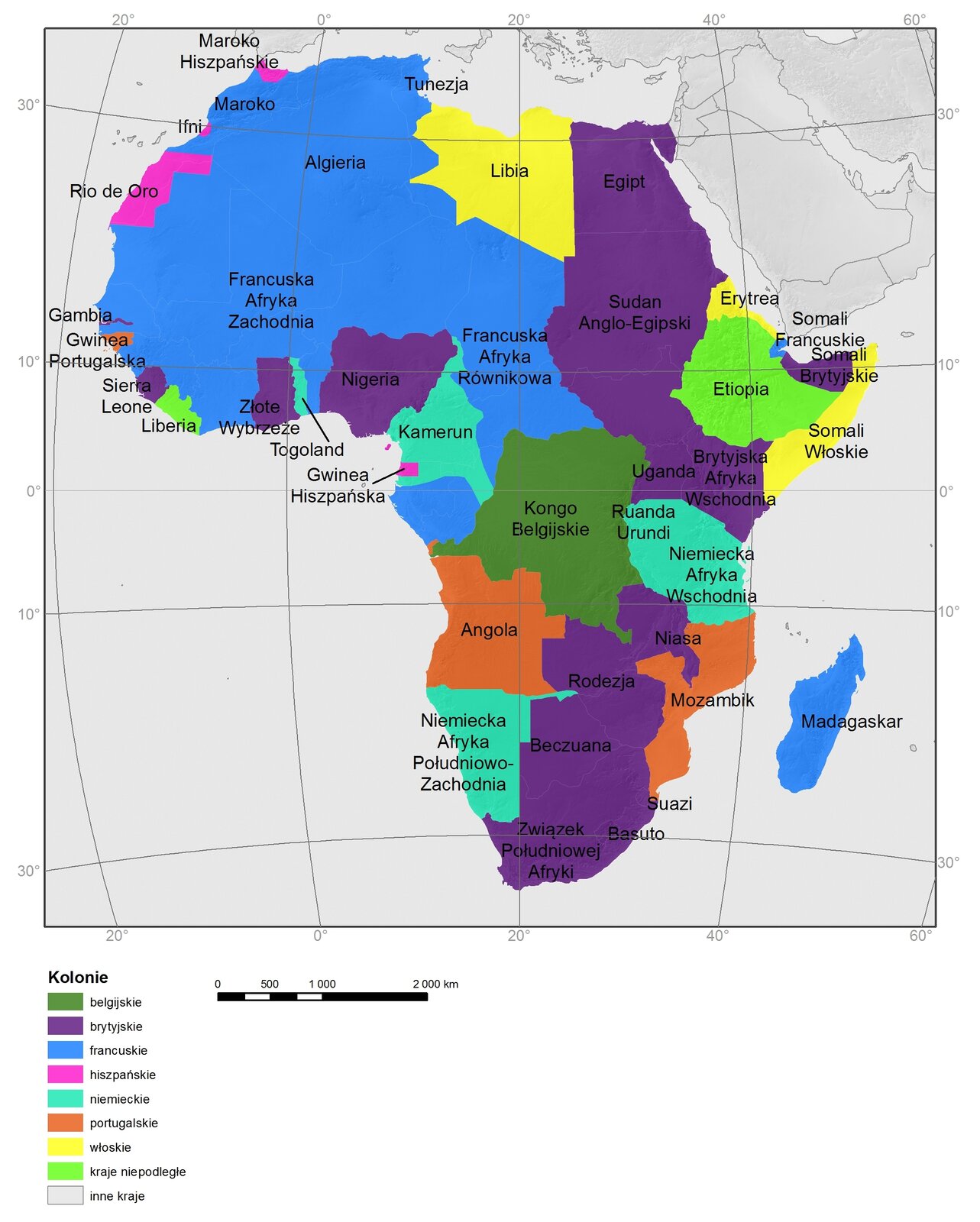 Mapa polityczna Afryki z zaznaczeniem kolonii w 1914 r., Źródło Eduexpert Sp. z o.o., CC BY-SA 3.0